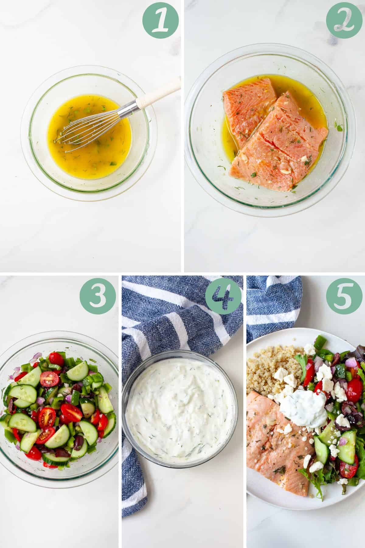 step by step graphic of how to make Greek salmon quinoa bowl.
